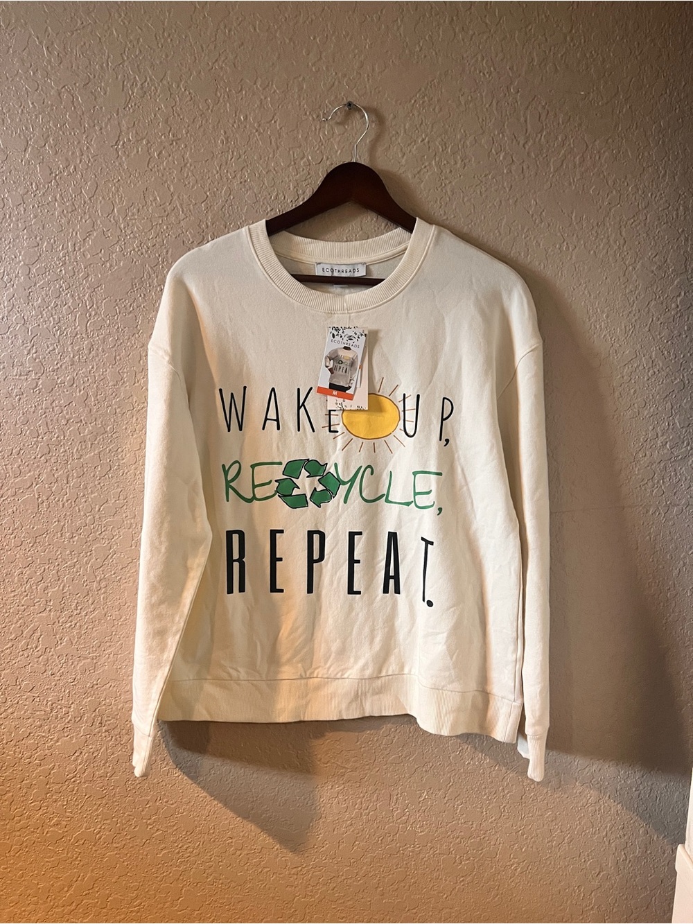 Ecothreads Cream Graphic Crewneck Sweatshirt M- Wake Up Recycle Repeat NWT